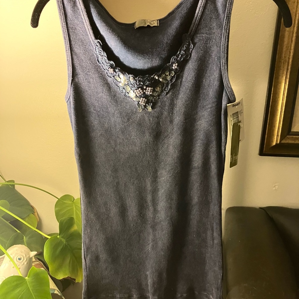 NWT Gray Fade Ribbed Beaded Tank Top b.friends / Sears Small Mexico Cotton